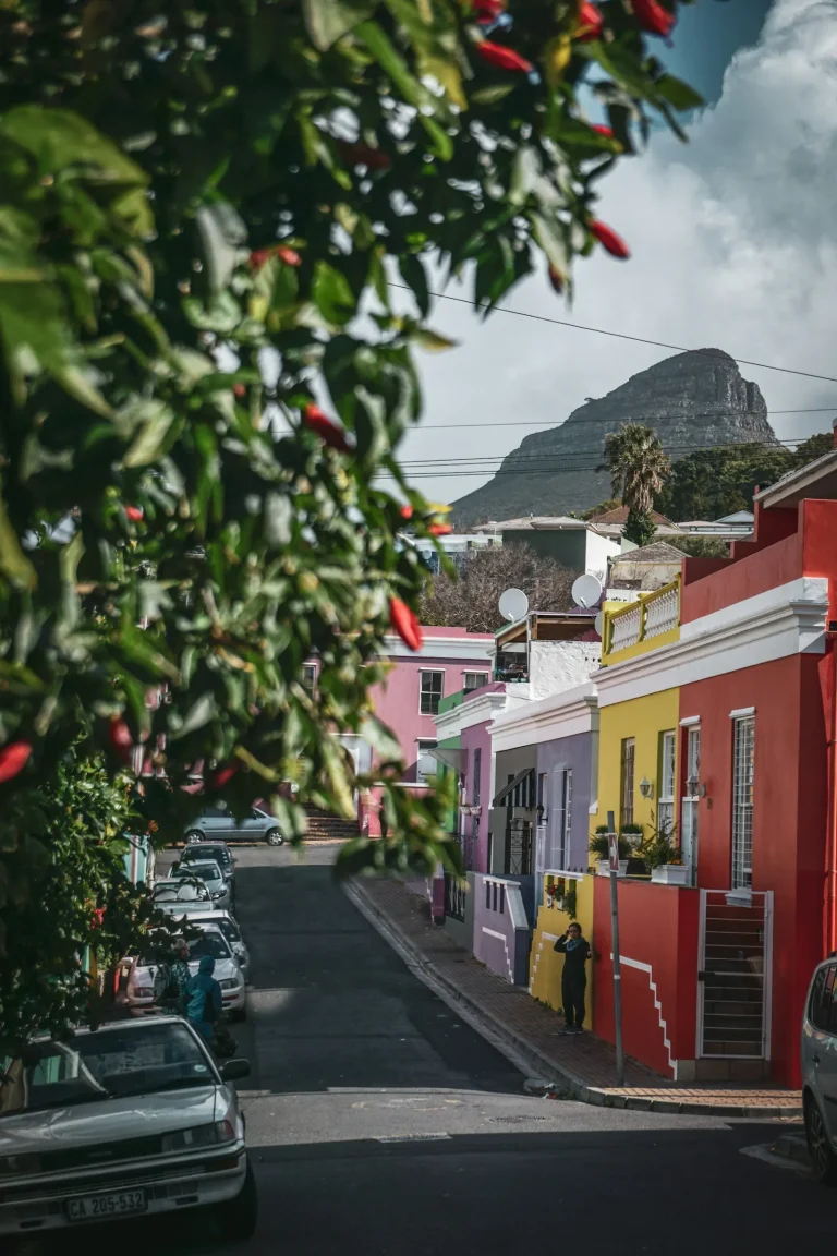 Colourful houses on a Bo-Kaap street with Lion's Head behind