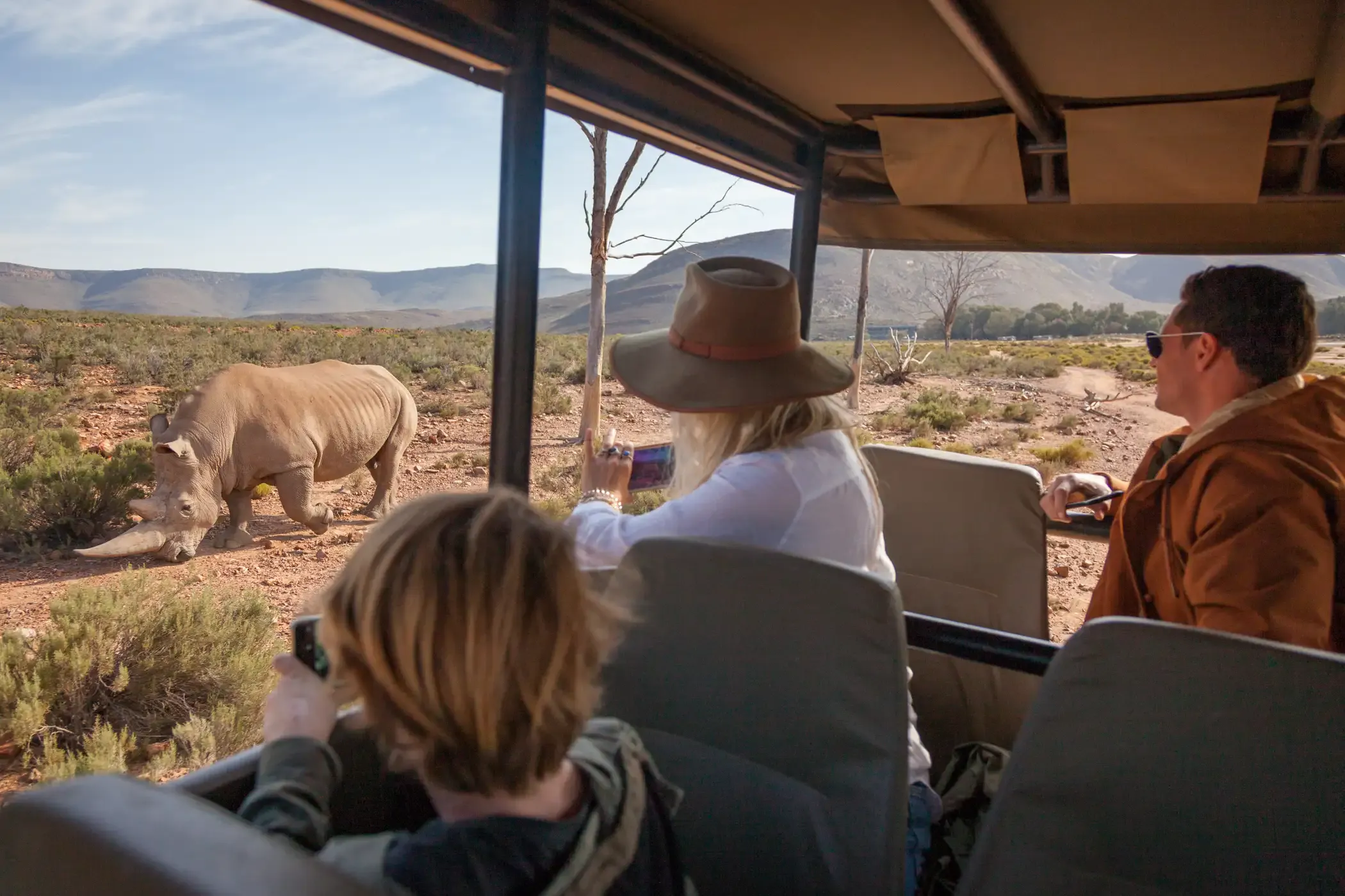 Guests watching a rhino from an open safari vehicle at Aquila