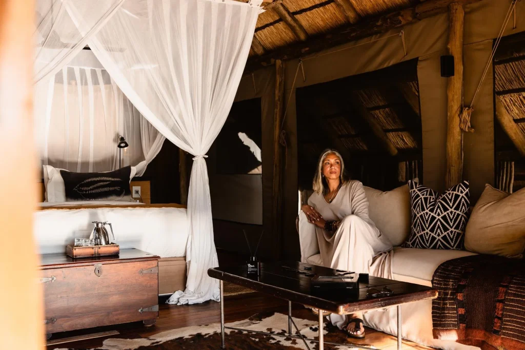Tent interior with a canopy bed
