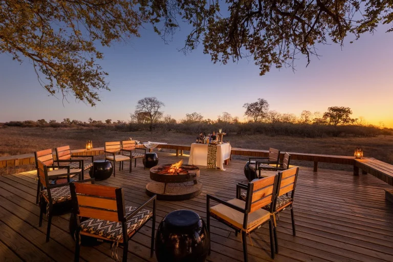 Deck dining area at dusk