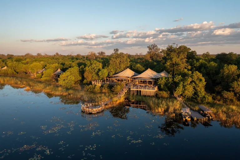 Aerial view of a camp on the water's edge