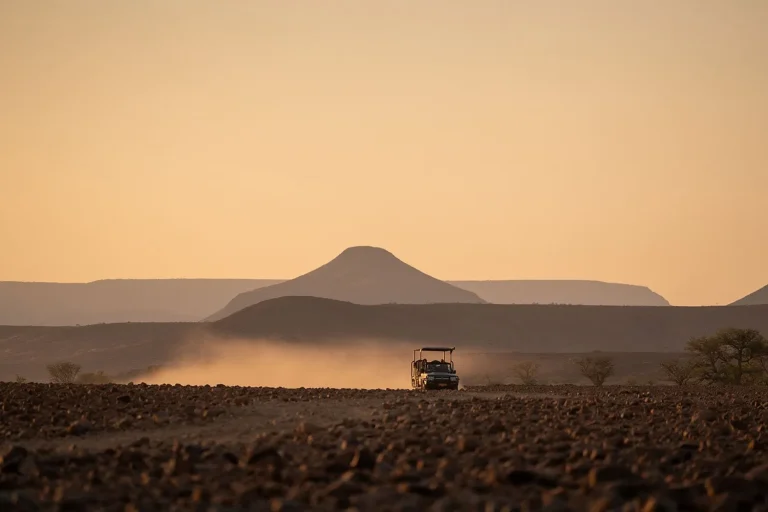 Game drive vehicle crossing the desert