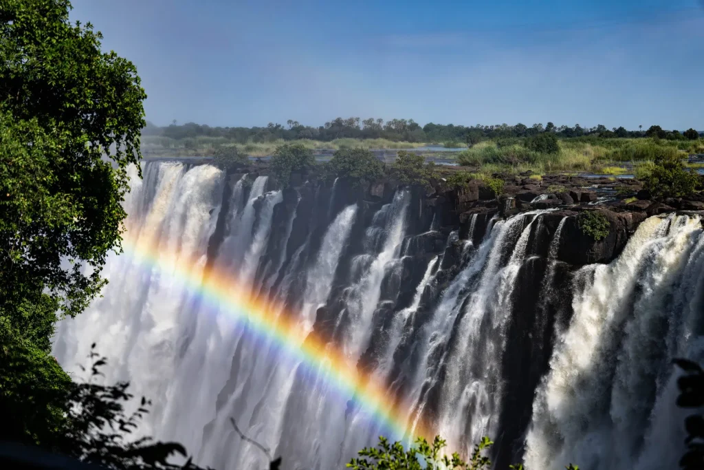 Victoria Falls with a rainbow in the spray