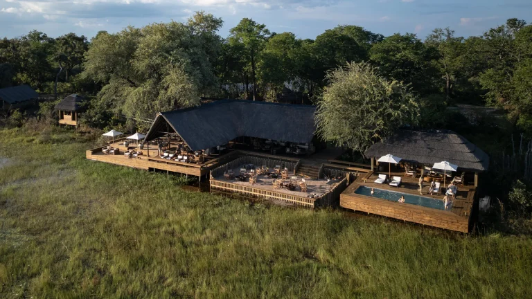 Aerial view of Sable Alley camp and its decks at dusk
