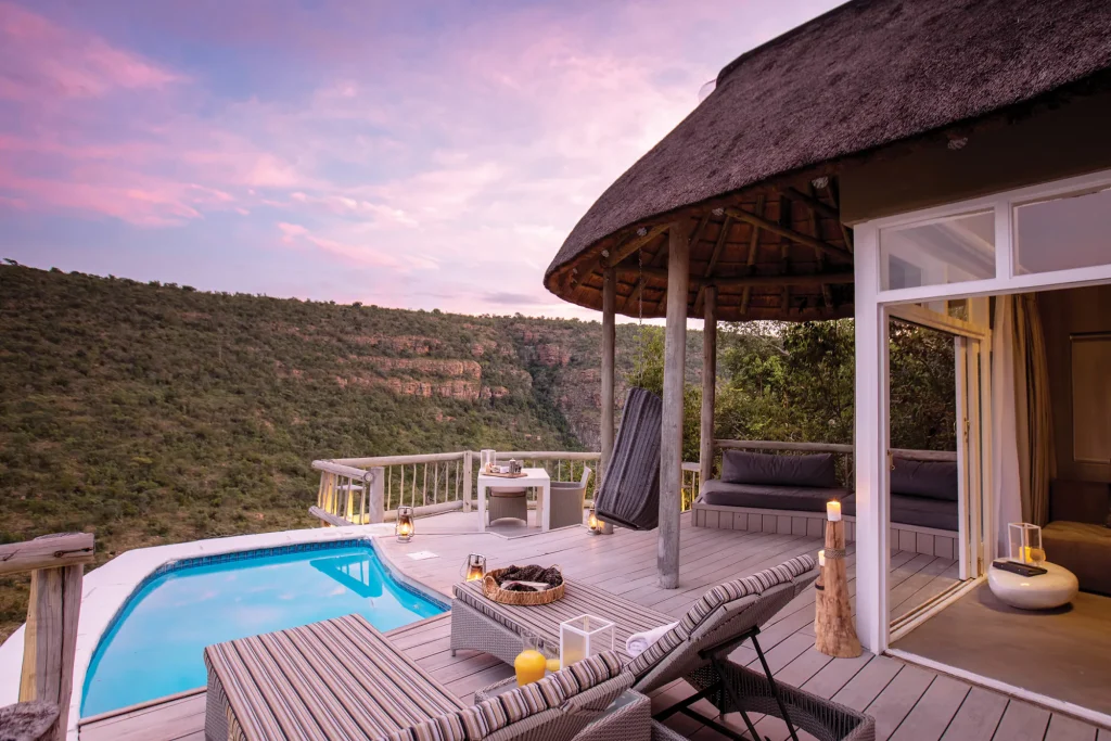 Private suite deck with plunge pool overlooking the valley