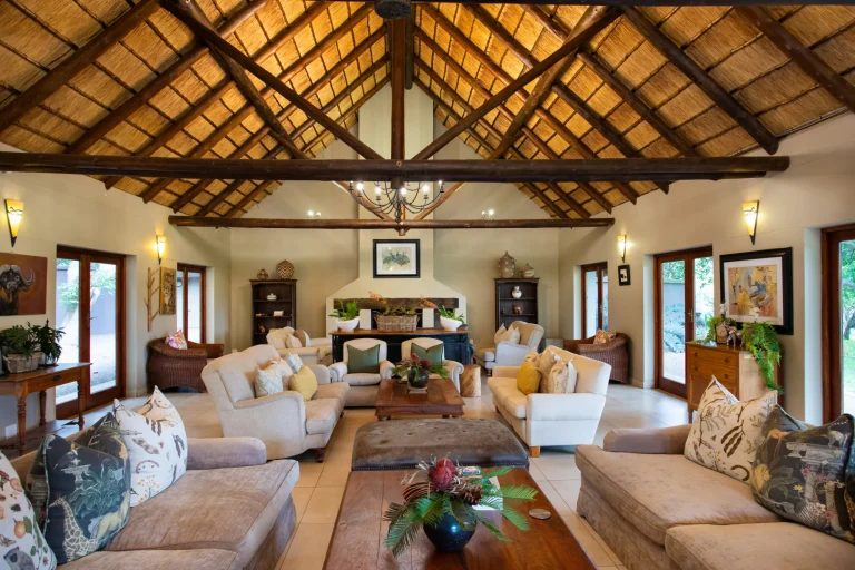 Lodge lounge under a thatched roof at Falaza