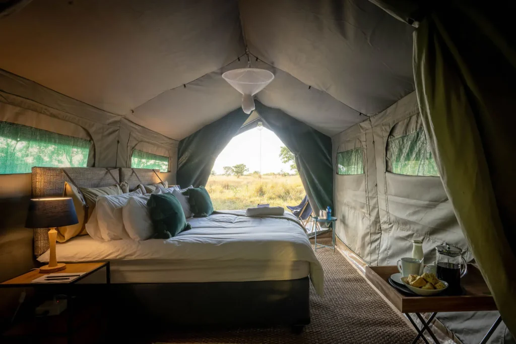 Inside a cottage tent at Satara Plains Camp