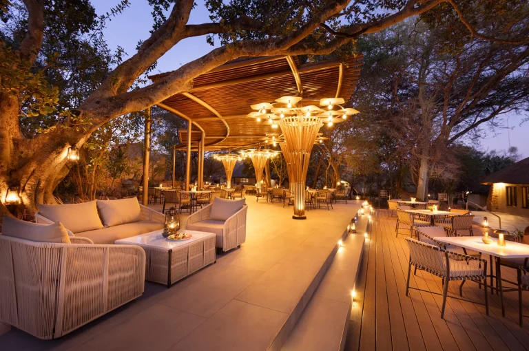 Outdoor lounge under the trees lit at night