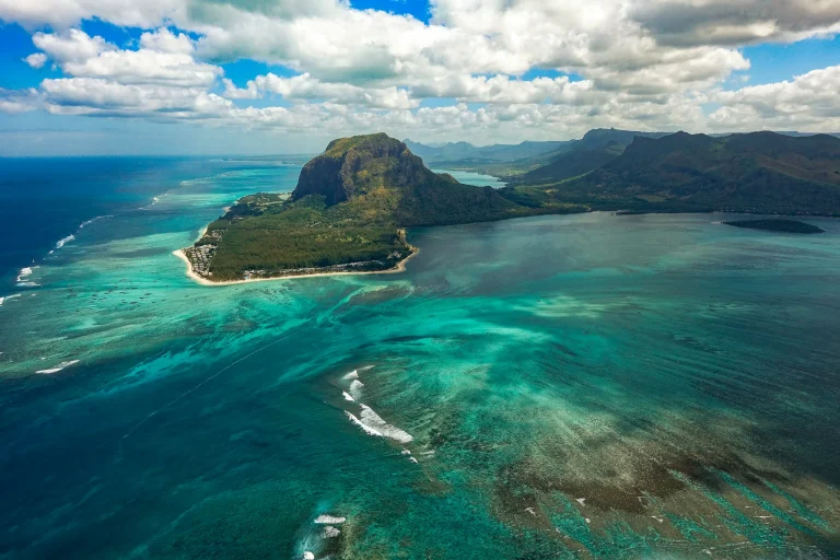 Le Morne Brabant and its turquoise lagoon from the air, Mauritius
