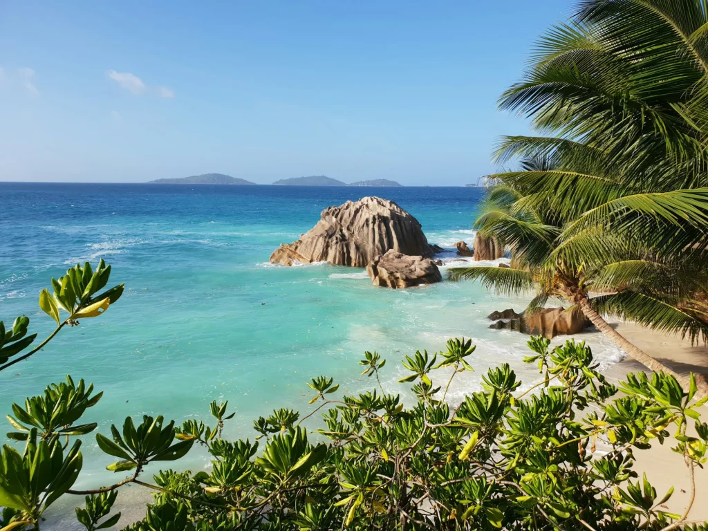 Granite rocks and turquoise water at La Digue, Seychelles
