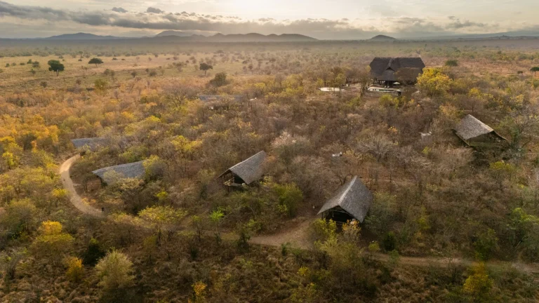 Aerial view of Stanley's Kopje tents in the Mikumi bush