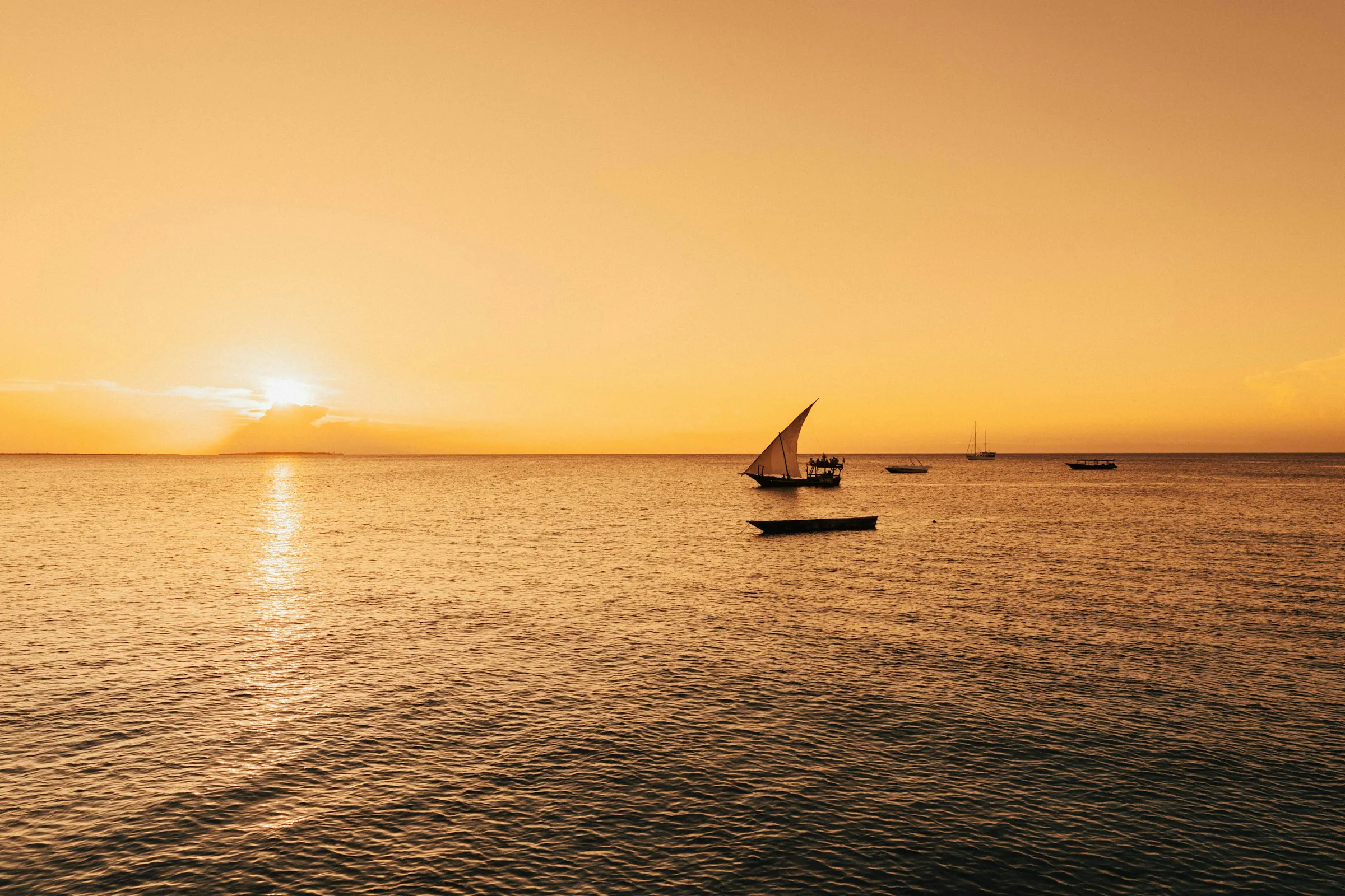 Dhows on the Indian Ocean at sunset off Zanzibar
