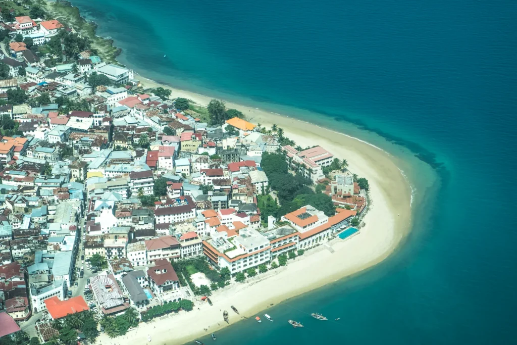 Aerial view of Stone Town and its beach, Zanzibar