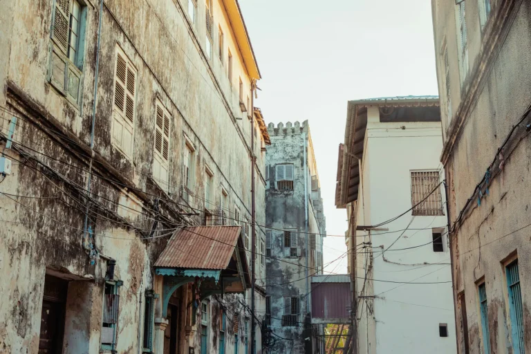 Narrow street of old buildings in Stone Town, Zanzibar