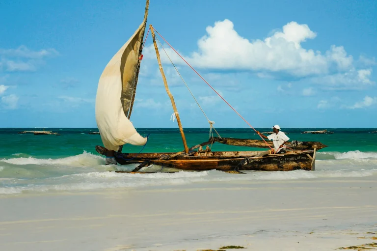 Traditional dhow on the beach at Kiwengwa, Zanzibar